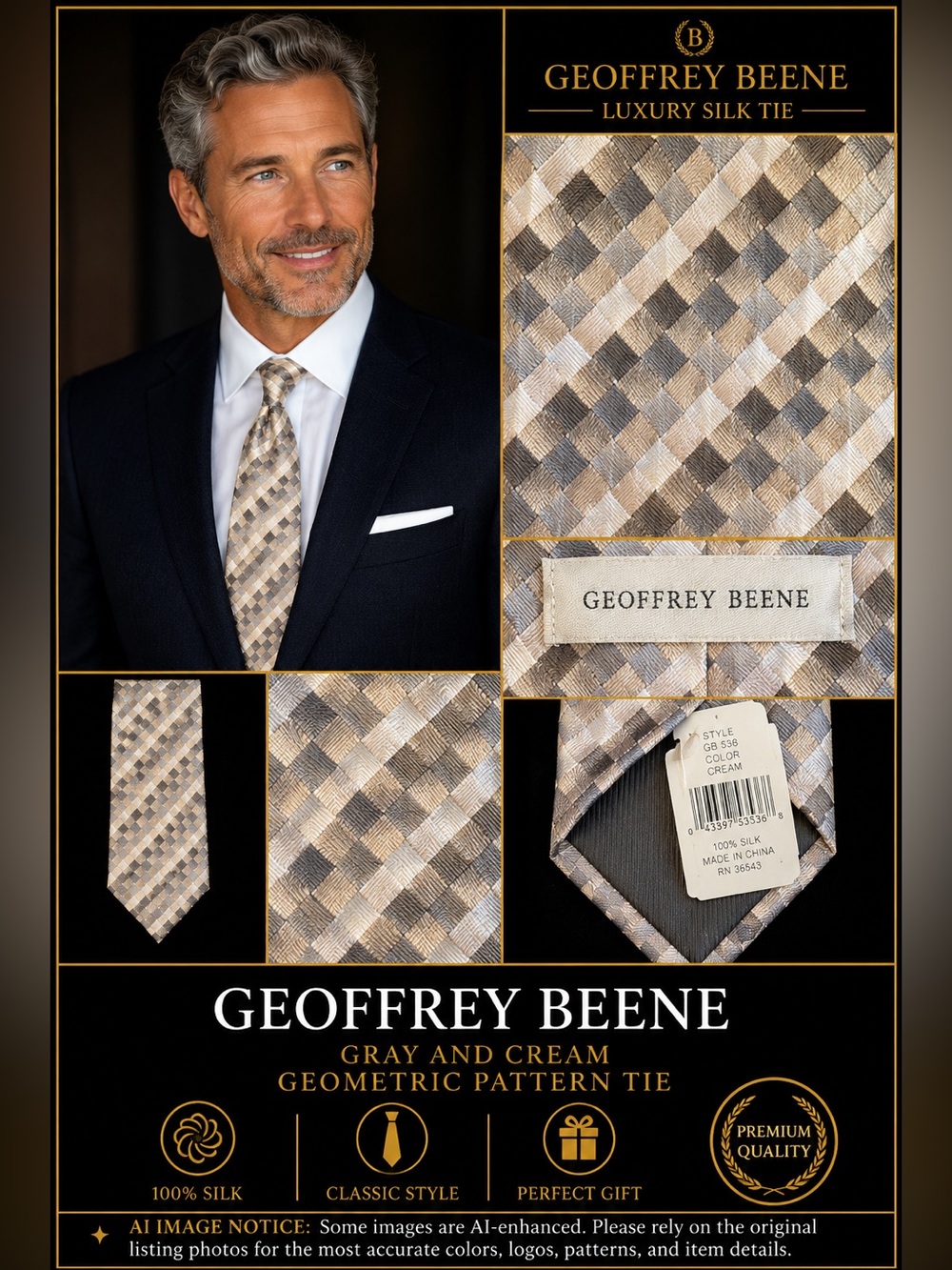 Geoffrey Beene Gray and Cream Geometric Pattern Tie